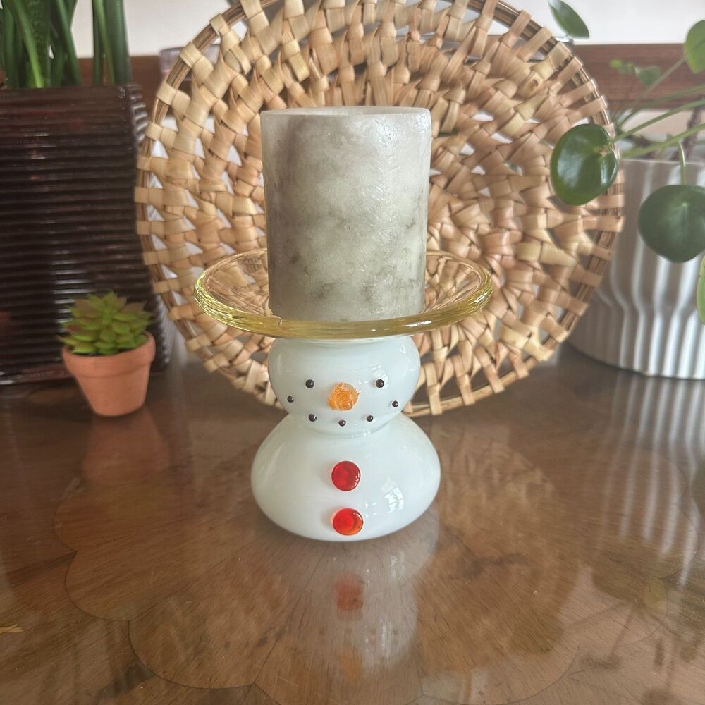Blown Glass Snowman Pillar Candle Holder, Holiday Home Decor
